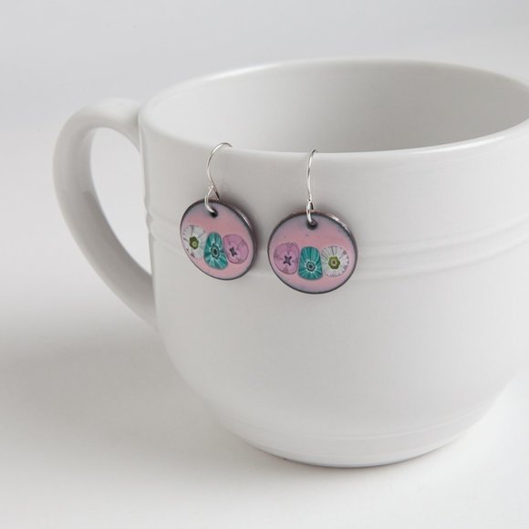 Handmade Copper Enamel Penny Earrings Pierced Dangle Round Boho Rustic - Picture 14 of 15